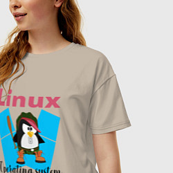 Футболка оверсайз женская Пингвин линукс в шляпе, цвет: миндальный — фото 2