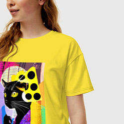 Футболка оверсайз женская Black cat cheese - pop art - poster, цвет: желтый — фото 2