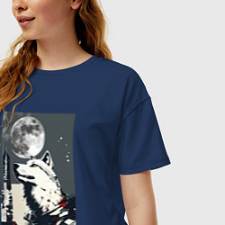 Футболка оверсайз женская Волк на фоне луны - мегаполис - нейросеть, цвет: тёмно-синий — фото 2