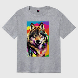 Футболка оверсайз женская Красочный волк - поп-арт - нейросеть, цвет: меланж