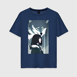 Женская футболка оверсайз Девушка под защитой волка - нейросеть - аниме