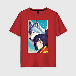 Женская футболка оверсайз Girl and wolf - anime - neural network -art