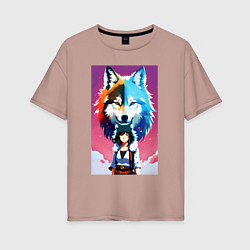 Женская футболка оверсайз Cute girl and wolf - anime - neural network
