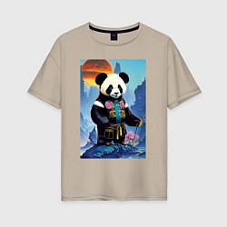 Женская футболка оверсайз Панда на берегу озера - нейросеть