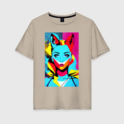 Футболка оверсайз женская Fox girl - pop art - neural network, цвет: миндальный