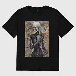 Футболка оверсайз женская Девушка скелет в цветах, цвет: черный