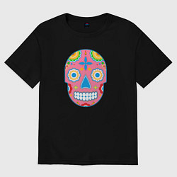 Футболка оверсайз женская Розовый череп - украшен цветами и точками, цвет: черный