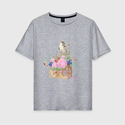 Женская футболка оверсайз Акварель: Птичка и цветы