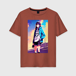 Женская футболка оверсайз Прикольная девчонка с черепом на футболке - аниме