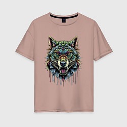 Женская футболка оверсайз Разноцветная голова волка
