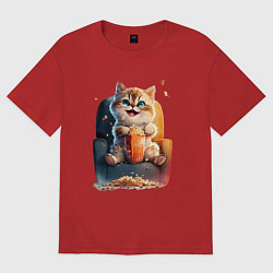 Футболка оверсайз женская Веселый котик с попкорном, цвет: красный