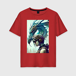 Женская футболка оверсайз Девчонка в шлеме и дракон - киберпанк
