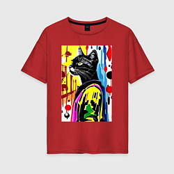 Футболка оверсайз женская Модный чёрный кот - поп-арт, цвет: красный