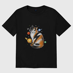 Футболка оверсайз женская Космическая кошка с планетами и молнией, цвет: черный