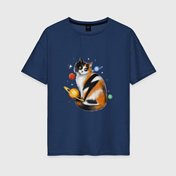 Женская футболка оверсайз Космическая кошка с планетами и молнией