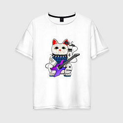 Женская футболка оверсайз Рок кот нэко с микрофоном и гитарой