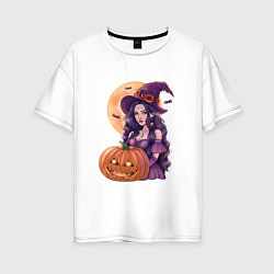Футболка оверсайз женская Хэллоуин - ведьма с тыквой, цвет: белый