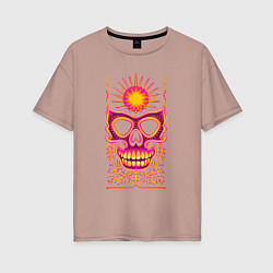 Женская футболка оверсайз Яркая черепушка с солнцем