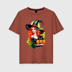 Женская футболка оверсайз Рыжая ведьма с тыквой и черным котом