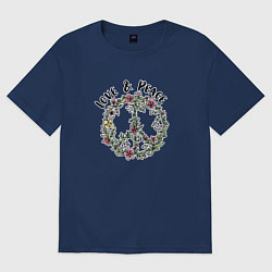 Футболка оверсайз женская Хиппи знак мира цветочный пастельный peace and lov, цвет: тёмно-синий