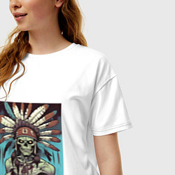 Футболка оверсайз женская Индеец зомби с перьями на голове, цвет: белый — фото 2