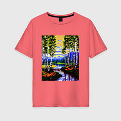 Женская футболка оверсайз Пиксельный березовый пейзаж