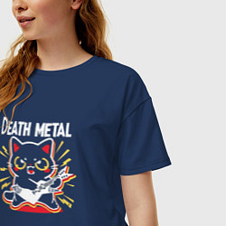 Футболка оверсайз женская Death metal - котик с гитарой, цвет: тёмно-синий — фото 2