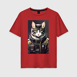 Женская футболка оверсайз Крутой кот - киберпанк - нейросеть