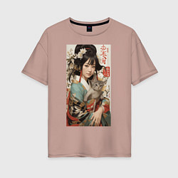 Женская футболка оверсайз Японская девочка в кимоно с котенком
