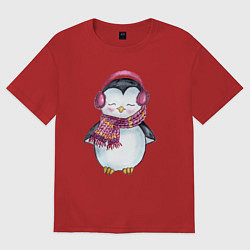 Футболка оверсайз женская Милый пингвин в наушниках, цвет: красный