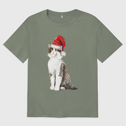 Футболка оверсайз женская Пятнистый кот в новогодней шапочке, цвет: авокадо