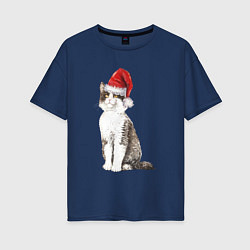Женская футболка оверсайз Кот в новогодней шапочке