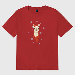 Футболка оверсайз женская Лама в красной шляпе и шарфе, цвет: красный