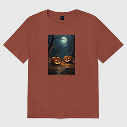 Футболка оверсайз женская Две жуткие тыквы ждут Хэллоуина, цвет: кирпичный