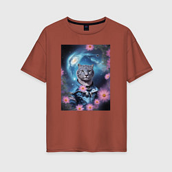 Женская футболка оверсайз Тигр в костюме и галактика с цветами