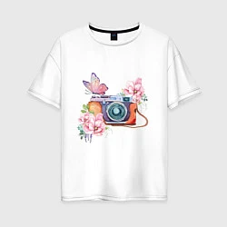 Футболка оверсайз женская Фотоаппарат в цветах и бабочки, цвет: белый