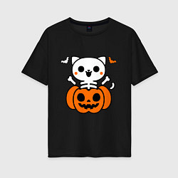 Женская футболка оверсайз Веселый кот-скелет в тыкве - Хэллоуин