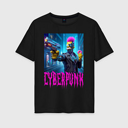 Футболка оверсайз женская Homer Simpson with a gun and a donut - cyberpunk -, цвет: черный