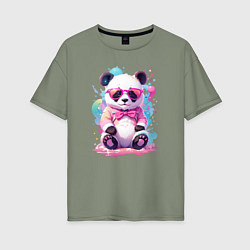 Футболка оверсайз женская Милая панда в розовых очках и бантике, цвет: авокадо