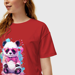 Футболка оверсайз женская Милая панда в розовых очках и бантике, цвет: красный — фото 2