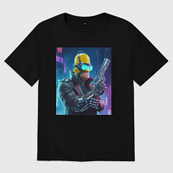 Женская футболка оверсайз Homer Simpson with a gun - cyberpunk - ai art