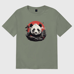 Футболка оверсайз женская Панда с красным солнцем, цвет: авокадо