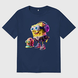 Футболка оверсайз женская Губка Боб и улитка Гэри - киберпанк, цвет: тёмно-синий