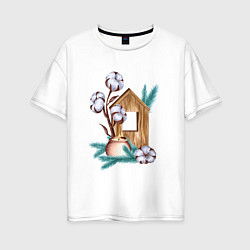 Женская футболка оверсайз Деревянный домик со свечой, хлопком и еловыми ветк
