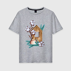 Женская футболка оверсайз Деревянный домик со свечой, хлопком и еловыми ветк