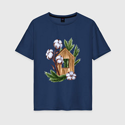 Женская футболка оверсайз Деревянный домик с хлопком и еловыми ветками