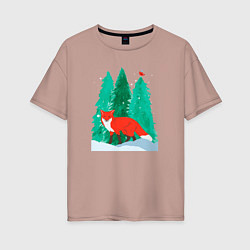 Женская футболка оверсайз Лиса в лесу и птичка