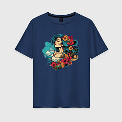 Женская футболка оверсайз Девушка с голубыми волосами и цветами