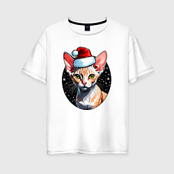 Женская футболка оверсайз Кот породы Девон-рекс в новогодней шапке