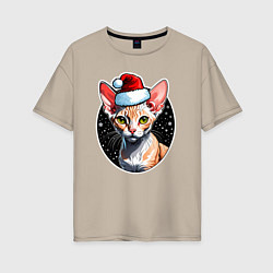 Женская футболка оверсайз Кот породы Девон-рекс в новогодней шапке